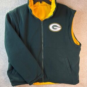 NFL Green Bay Packers Reversible Vest Jacket Mens Medium Green Yellow Fleece Zip